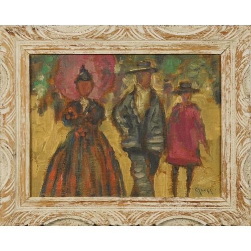 231 - Family group, Post Impressionist oil on board, mounted and framed, 38.5cm x 29cm excluding the mount... 