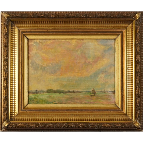 1723 - River landscape with sailing boats, continental oil housed in an ornate gilt frame, 33.5cm x 25cm ex... 