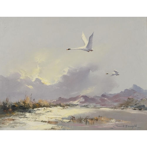 1377 - Howard Devonald - Birds in flight above water, impasto oil on canvas, mounted and framed, 44cm x 34c... 