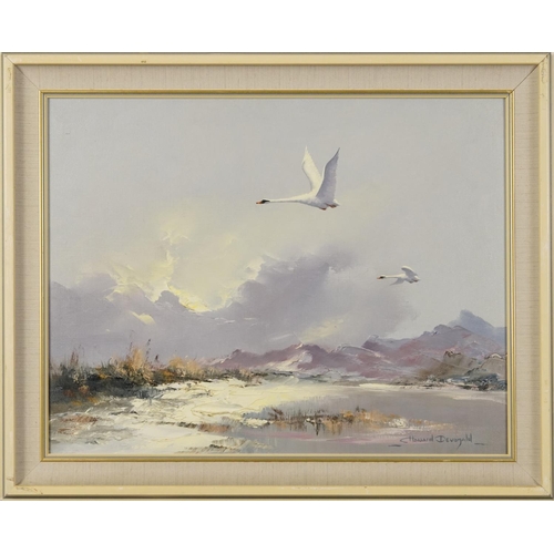 1377 - Howard Devonald - Birds in flight above water, impasto oil on canvas, mounted and framed, 44cm x 34c... 