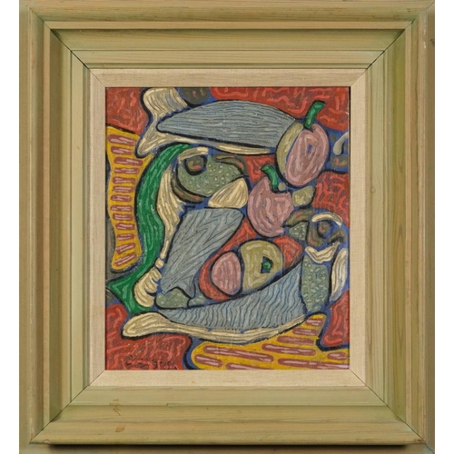 272 - Abstract composition, still life fruit and fish, oil on canvas, label verso, mounted and framed, 28.... 