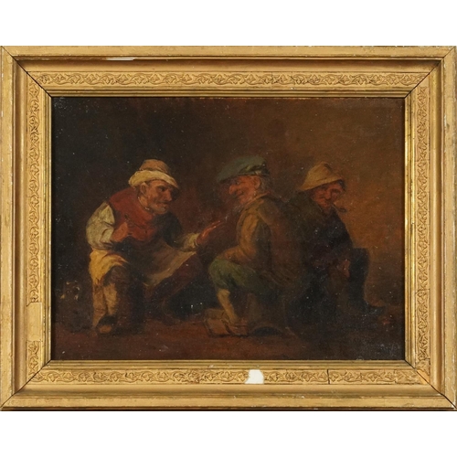 168 - Three seated figures, one smoking a pipe, 18th/19th century Flemish school oil on canvas, mounted an... 