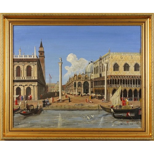 196 - Peter Hewett 1998 - The Piazzetta, Venice, oil on board, mounted and framed, details verso, 49.5cm x... 