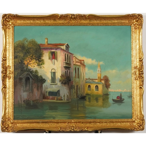 293 - Bellini - Venetian landscape with gondolas and clocktower, Italian oil on board, William Rivett, Gai... 