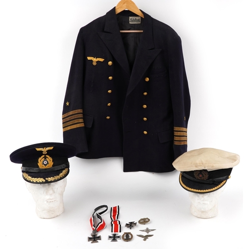 1741 - Militaria including two naval peak caps German badges and a tunic with German cloth badge