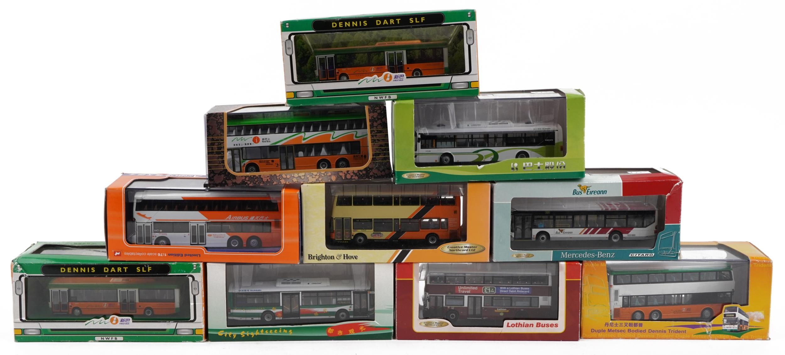 Ten 1:76 scale diecast model buses with boxes including Creative Master ...
