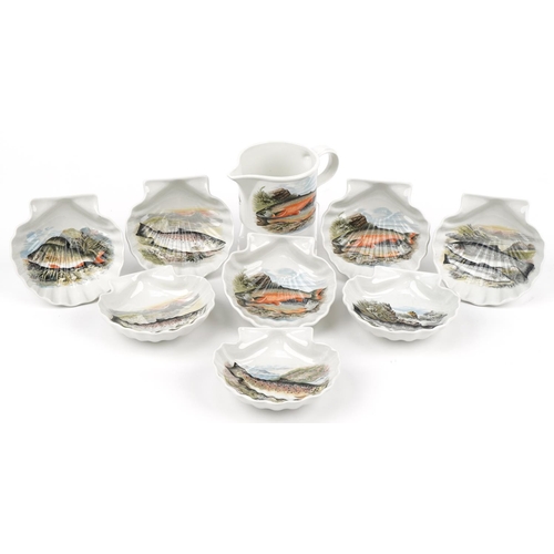 1382 - Portmeirion The Complete Angler china comprising eight shell dishes and a jug, the dishes 14cm wide