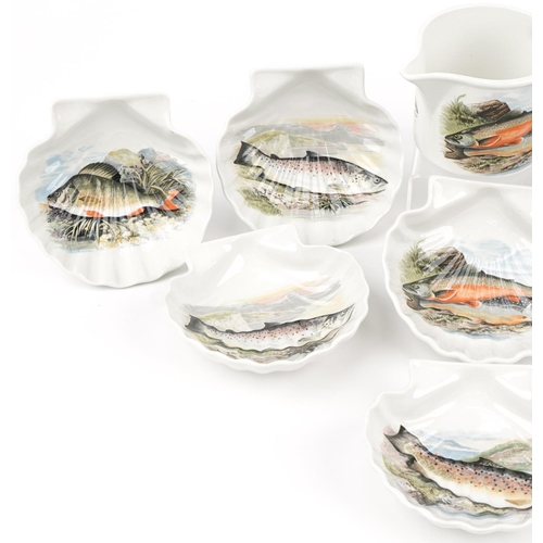 1382 - Portmeirion The Complete Angler china comprising eight shell dishes and a jug, the dishes 14cm wide