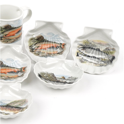 1382 - Portmeirion The Complete Angler china comprising eight shell dishes and a jug, the dishes 14cm wide