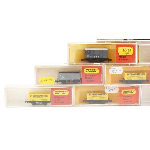 1538 - Fifteen Hornby Minitrix N gauge model railway wagons with cases