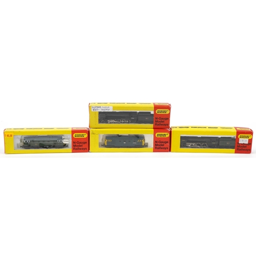 1530 - Four Hornby Minitrix N gauge model railway locomotives with boxes numbers 203, 204, 207 and 212