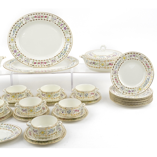 1084 - Royal Worcester Trianon dinnerware including two lidded tureens, oval platters and dinner plates, th... 