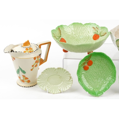 1388 - Decorative arts china including Carltonware leaf dishes and a Clarice Cliff plate decorated with a l... 