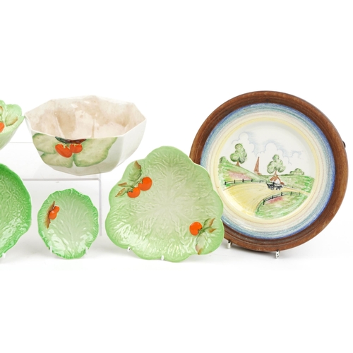 1388 - Decorative arts china including Carltonware leaf dishes and a Clarice Cliff plate decorated with a l... 