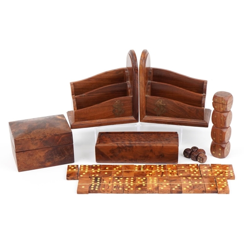 1385 - Woodenware including a pair of naval interest bookends and burr wood box with Dominoes, the largest ... 