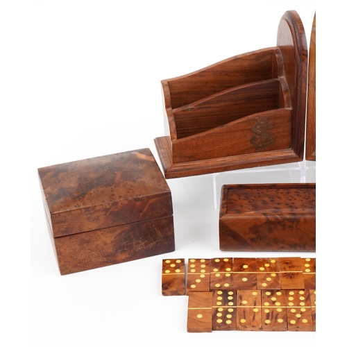 1385 - Woodenware including a pair of naval interest bookends and burr wood box with Dominoes, the largest ... 