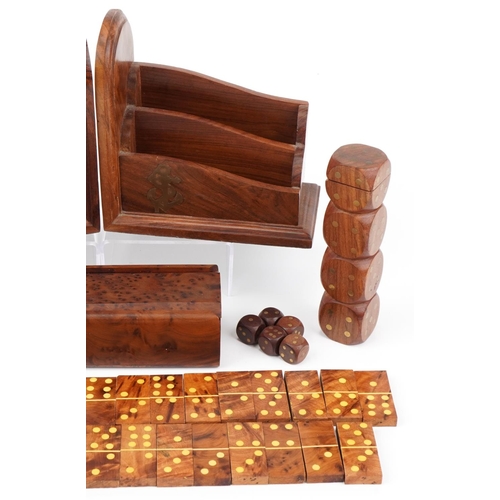 1385 - Woodenware including a pair of naval interest bookends and burr wood box with Dominoes, the largest ... 