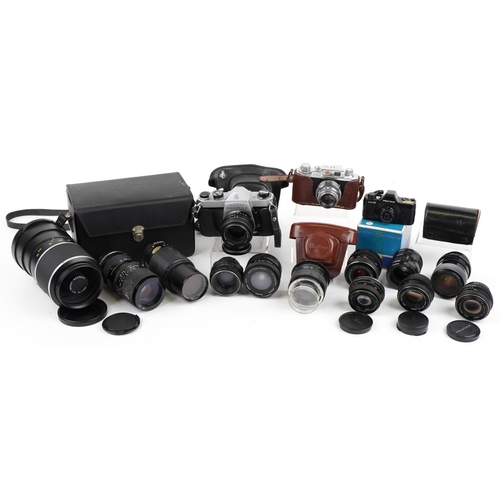 1387 - Collection of vintage and later cameras, lenses and attachments including Asahi Pentax SP1000, Halin... 