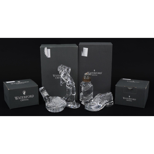 1102 - Waterford Crystal with boxes comprising golf bag, golf shoe, golf putter and golfer, the largest 17c... 