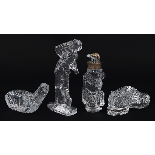 1102 - Waterford Crystal with boxes comprising golf bag, golf shoe, golf putter and golfer, the largest 17c... 