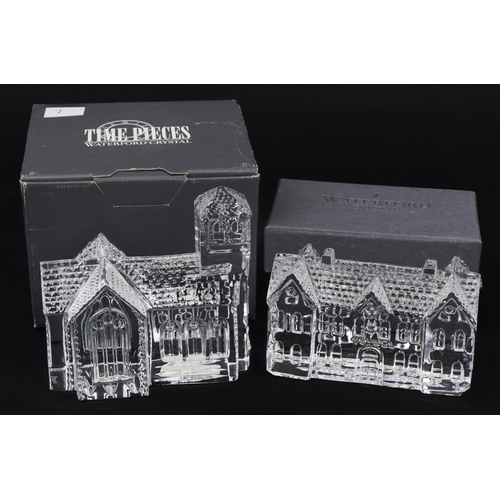 1104 - Two Waterford Crystal buildings with boxes comprising village church and school, the largest 10cm hi... 