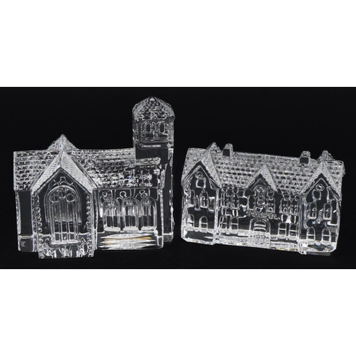 1104 - Two Waterford Crystal buildings with boxes comprising village church and school, the largest 10cm hi... 