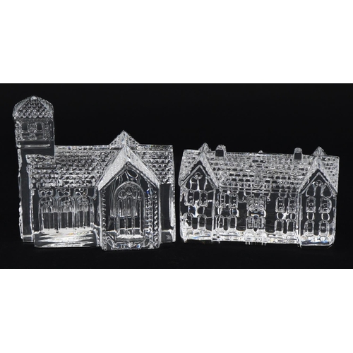 1104 - Two Waterford Crystal buildings with boxes comprising village church and school, the largest 10cm hi... 