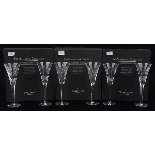 1096 - Three pairs of Waterford Crystal The Millennium Collection toasting flutes with boxes comprising Pea... 