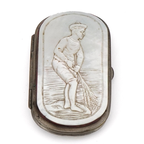 359 - Early 20th century mother of pearl coin purse carved with a fisherman pulling in his catch, 8cm wide