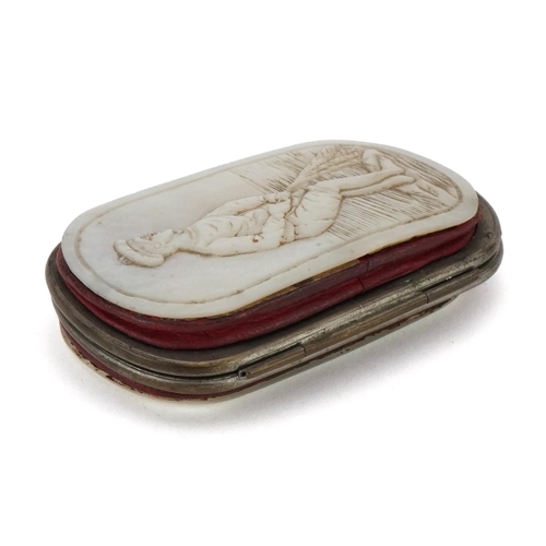 359 - Early 20th century mother of pearl coin purse carved with a fisherman pulling in his catch, 8cm wide