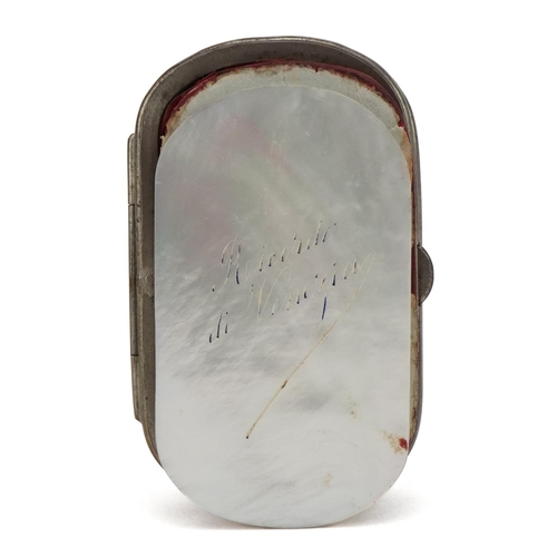 359 - Early 20th century mother of pearl coin purse carved with a fisherman pulling in his catch, 8cm wide