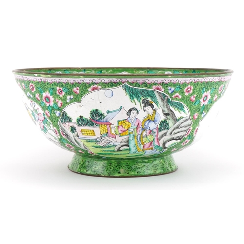 48 - Chinese Canton enamel footed bowl hand painted with panels of figures in a palace setting and birds ... 