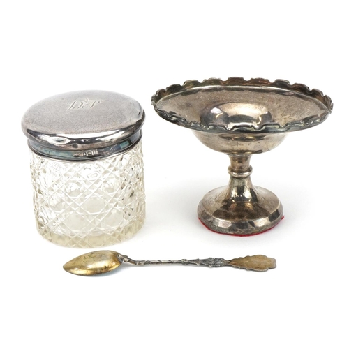 372 - Silver objects comprising 800 grade and enamel souvenir teaspoon, pedestal bonbon dish and cylindric... 