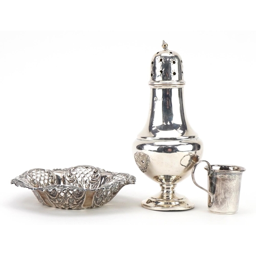 222 - Silver objects comprising a circular bonbon dish by Walker & Hall, baluster shaped caster and a mini... 