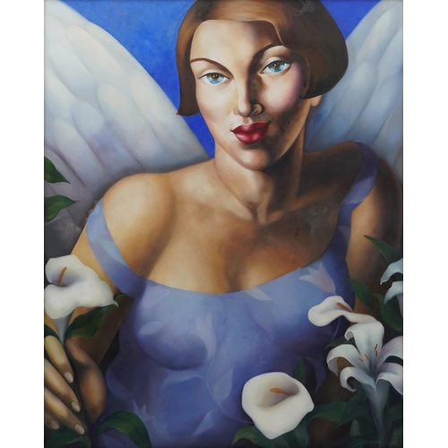 522 - Rachel Deacon - In the manner of Tamara De Lempicka, portrait of a winged female with lilies, oil on... 