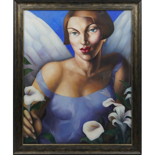 522 - Rachel Deacon - In the manner of Tamara De Lempicka, portrait of a winged female with lilies, oil on... 