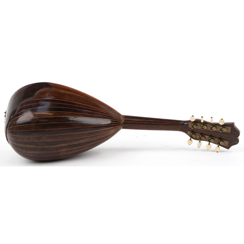 529 - Stridente, Italian inlaid rosewood mandolin, paper label to the interior, numbered 22, 60cm in lengt... 