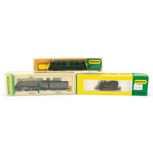 1533 - Three Minitrix N gauge model railway locomotives, one with tender, with cases and boxes including nu... 