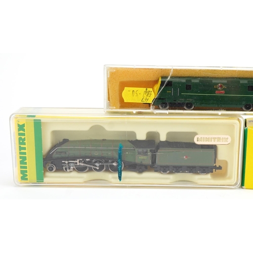 1533 - Three Minitrix N gauge model railway locomotives, one with tender, with cases and boxes including nu... 