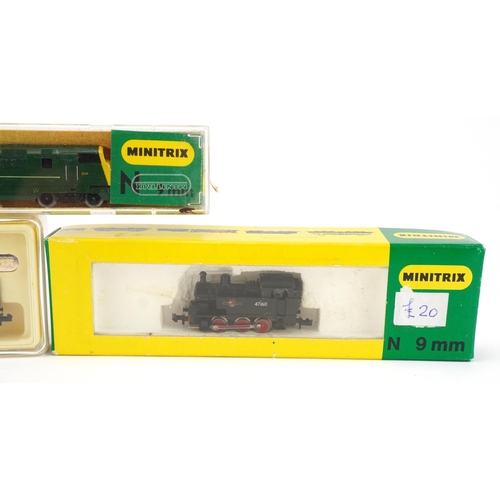 1533 - Three Minitrix N gauge model railway locomotives, one with tender, with cases and boxes including nu... 