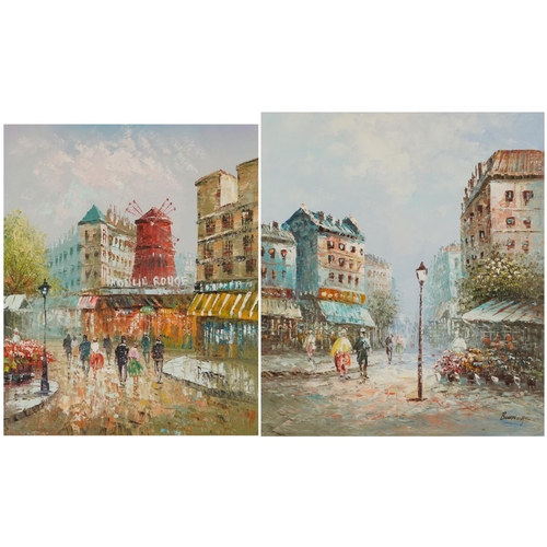 1520 - Caroline Burnett - Parisian street scenes including the Moulin Rouge, pair of Impressionist oil on c... 