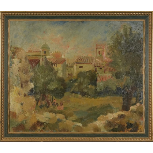 197 - Continental town scene with two figures, French Impressionist oil on board, German label verso, moun... 