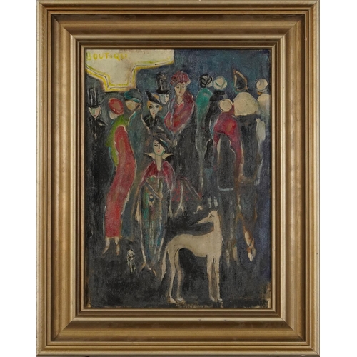 1588 - Group of figures and dog, oil on board, mounted and framed, 46cm x 33cm excluding the mount and fram... 