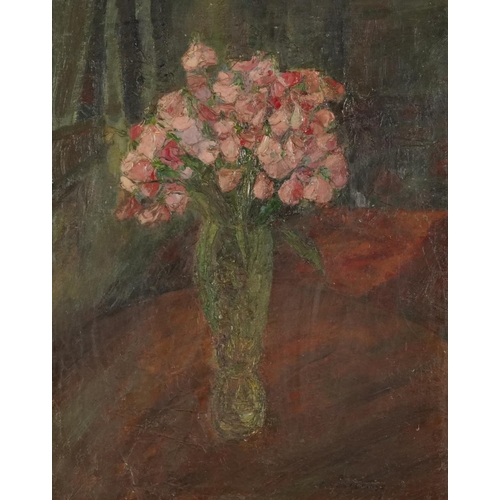 398 - Still life, flowers in a vase, oil on board, mounted and framed, 49cm x 39cm excluding the mount and... 