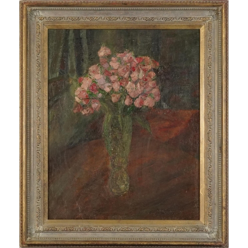 398 - Still life, flowers in a vase, oil on board, mounted and framed, 49cm x 39cm excluding the mount and... 