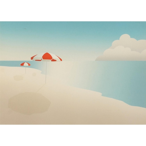 1752 - Quentin King - Parasols, pencil signed print in colour, limited edition 31/225, mounted, framed and ... 