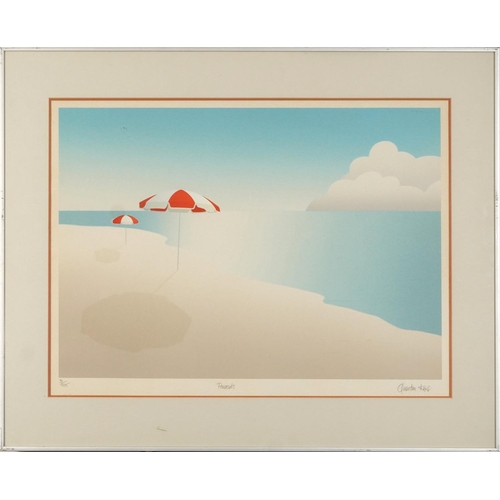 1752 - Quentin King - Parasols, pencil signed print in colour, limited edition 31/225, mounted, framed and ... 