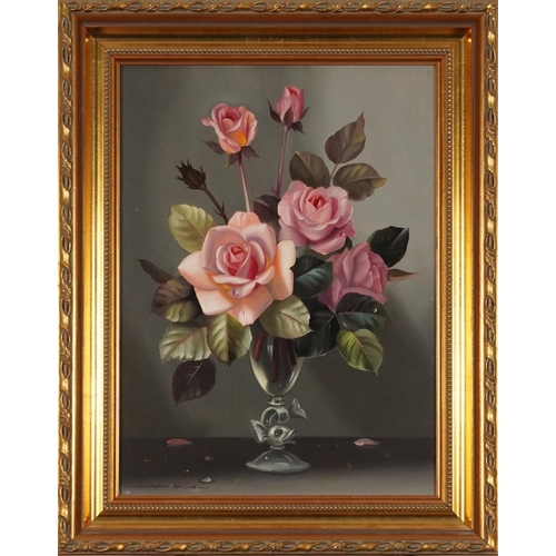 247 - Alexander Wilson - Still life roses in a glass vase, oil on board, mounted and framed, 40cm x 29cm e... 