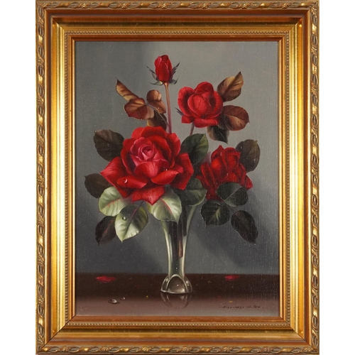 246 - Alexander Wilson - Still life roses in a glass vase, oil on canvas, mounted and framed, 40cm x 29cm ... 