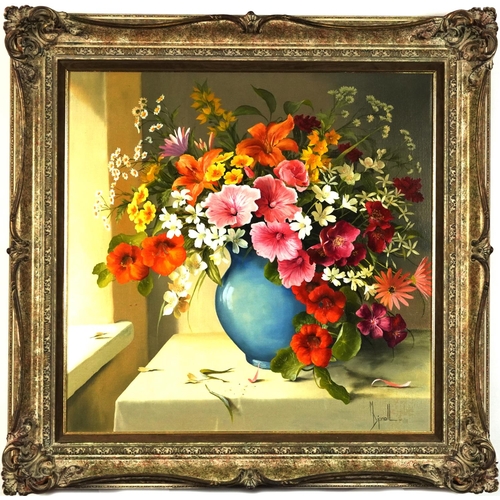 69 - Mary Dipnall - Still life flowers in a vase, oil on canvas, The Whibley Galleries, Worthing label ve... 